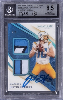 2020 Panini Immaculate Collection "Immaculate Dual Jerseys" Prime Platinum #3 Justin Herbert Signed Dual Patch Rookie Card (#2/5) - BGS NM-MT+ 8.5/BGS 10